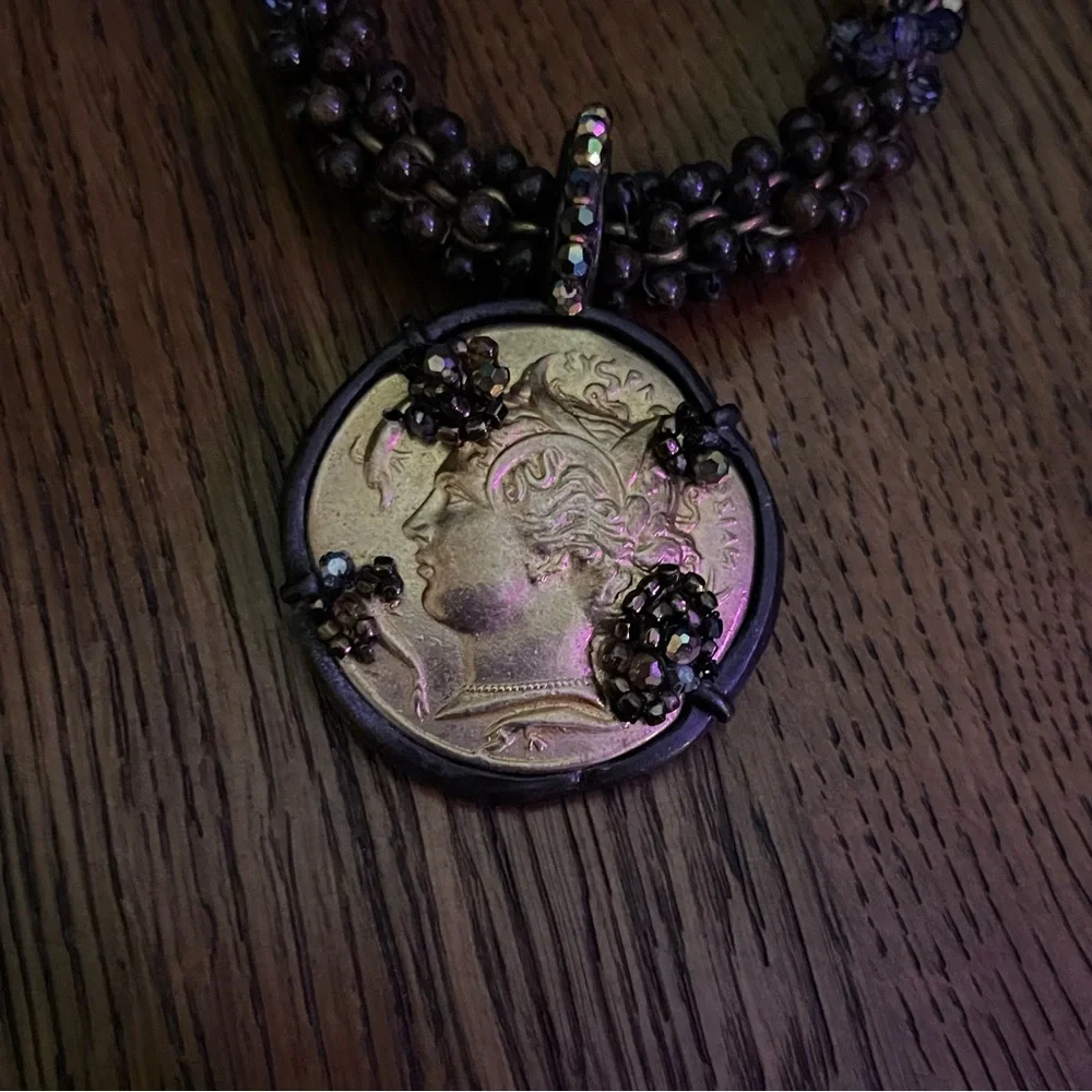 𝐁𝐔𝐘 𝐎𝐑 𝐁𝐘𝐄💥MIRIAM Haskell Necklace- coin pendant beaded chain w/ toggle closure - Picture 9 of 10